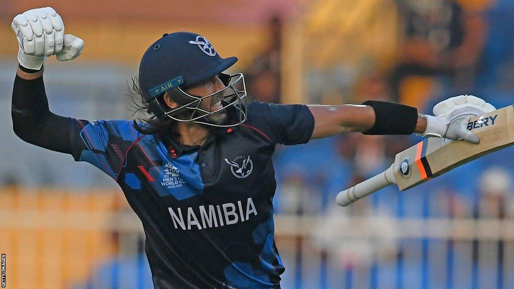 David Wiese celebrates Namibia winning a T20 game