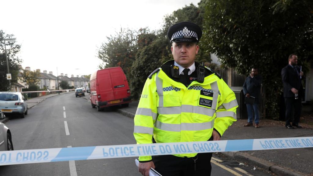 Policeman in Sunbury guards the cordon around evacuated roads