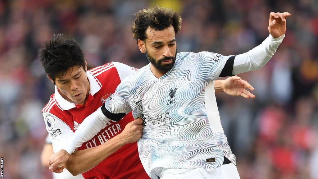 Takehiro Tomiyasu and Mohamed Salah, Arsenal v Liverpool, Premier League