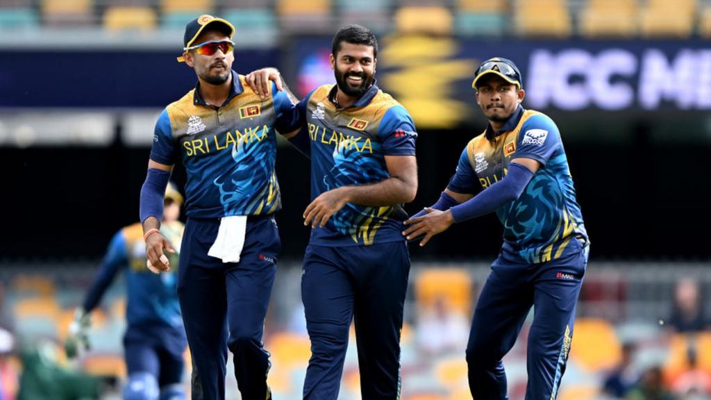 Lahiru Kumara of Sri Lanka celebrates with team mate Dasun Shanaka after taking the wicket of Ibrahim Zadran of Afghanistan