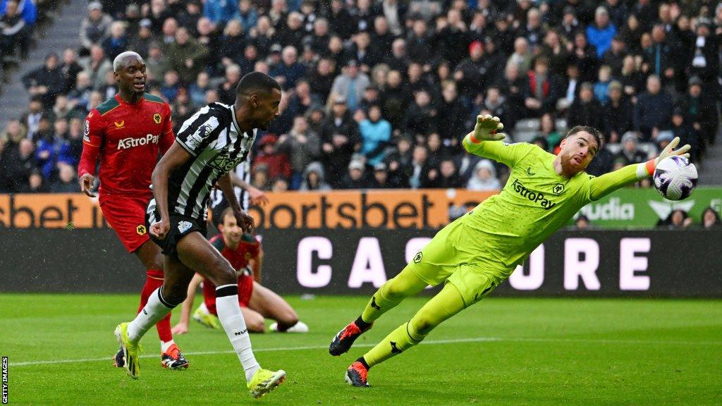 Alexander Isak scores for Newcastle in their Premier League game against Wolves at St James' Park