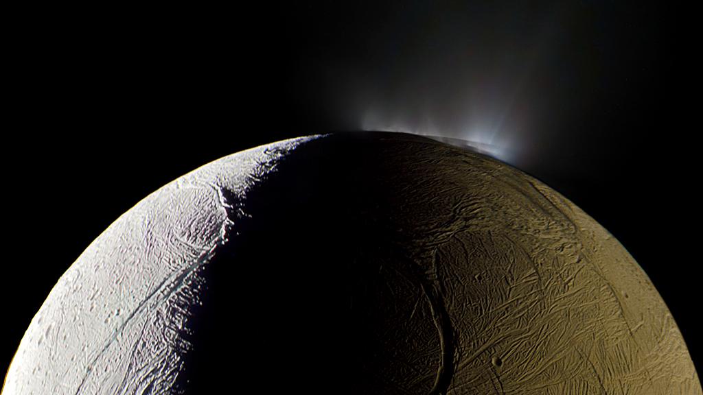 One of Saturn's moons, Enceladus, vents water into space, 2009 (detail)