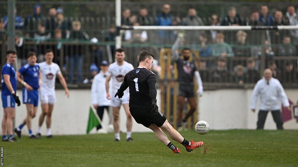 Rory Beggan takes a free for Monaghan against Kildare in 2022