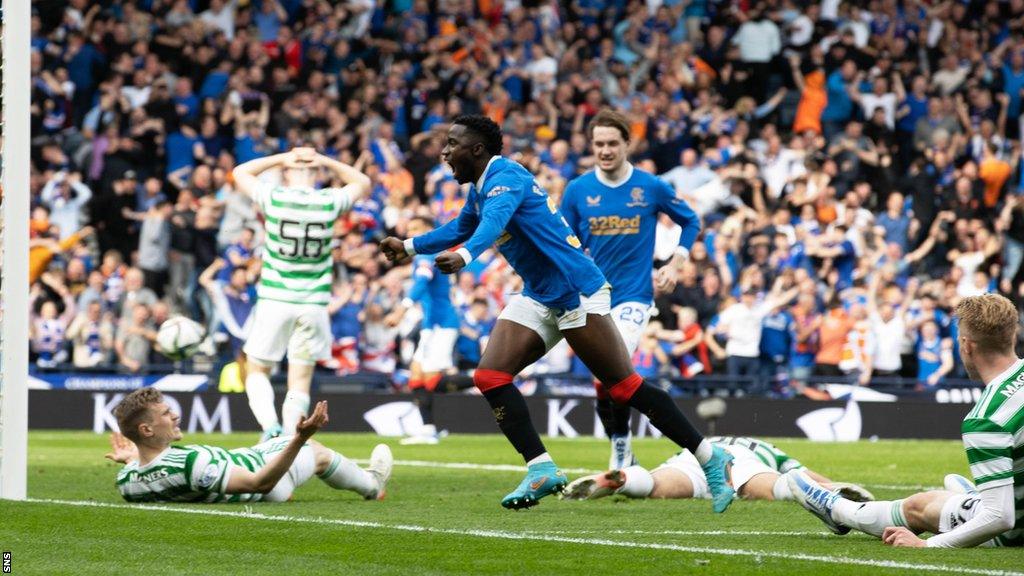 Fashion Sakala celebrates Rangers going 2-1 ahead against Celtic in the Scottish Cup semi-final in April