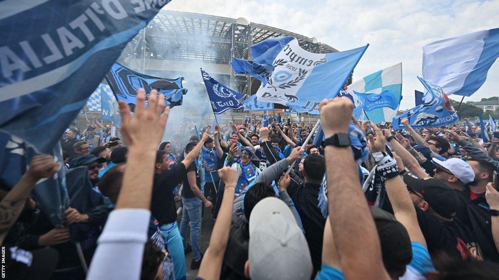 Napoli fans outside the Stadio Diego Armando Maradona after their draw with Selernitana