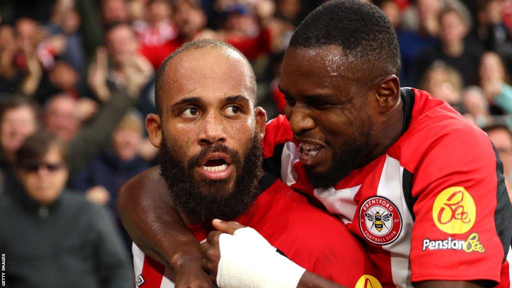 Bryan Mbeumo celebrates scoring for Brentford against Burnley in the Premier League