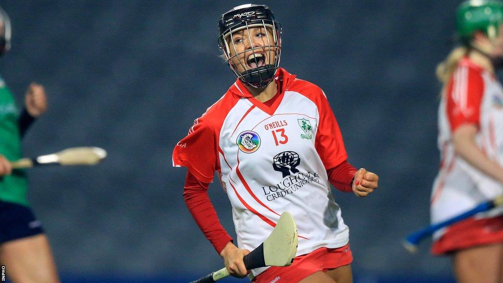 Caitrin Dobbin celebrates after scoring Loughgiel's goal in last year's All-Ireland Club Senior Camogie Final against Galway side Sarsfields