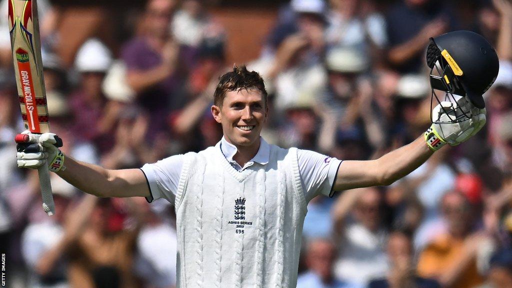 Zak Crawley celebrates scoring a century for England against Australia at Old Trafford