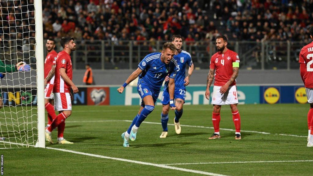 Mateo Retegui celebrates scoring for Italy against Malta