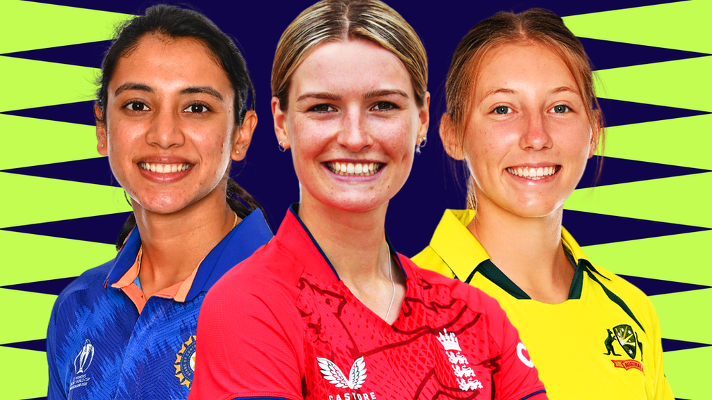 A graphic showing India's Smriti Mandhana, England's Lauren Bell and Australia's Darcie Brown