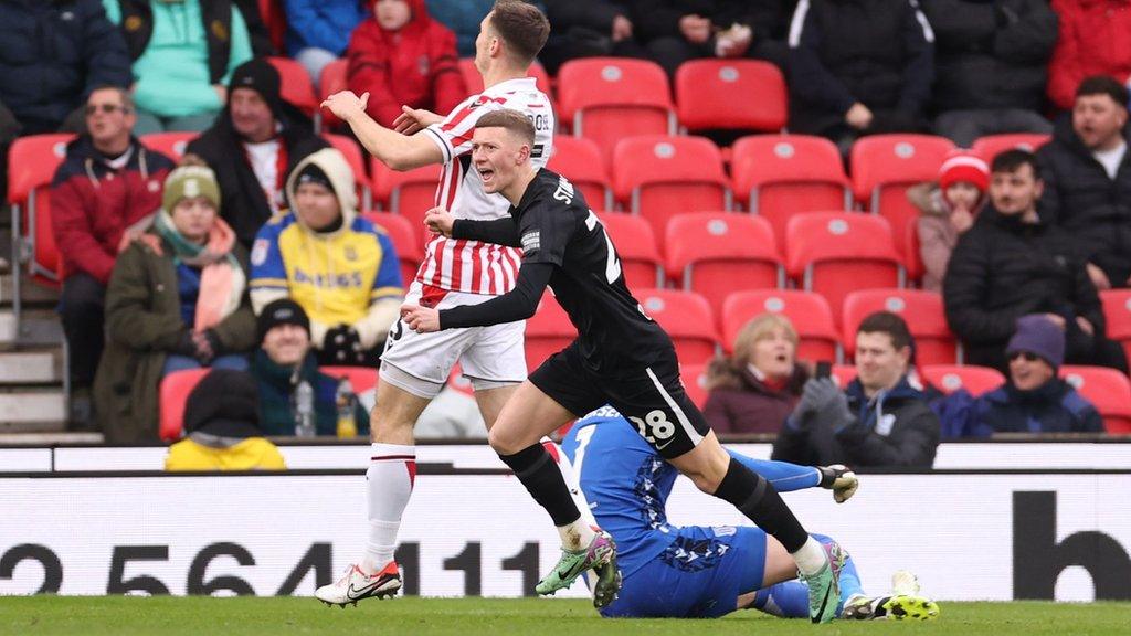 Jay Stansfield celebrates his first-half goal for Birmingham City against Stoke City