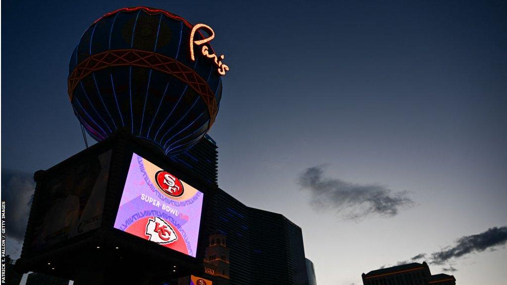 Super Bowl LVIII signage is displayed at the Paris Las Vegas Hotel and Casino