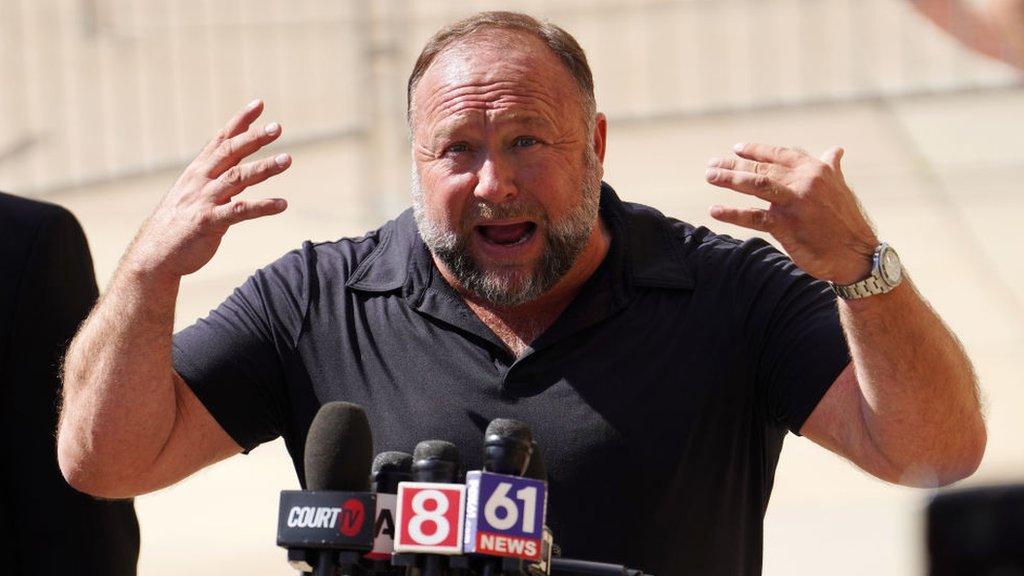 Alex Jones Speaks To The Media Outside The Sandy Hook Trial In Waterbury, Connecticut