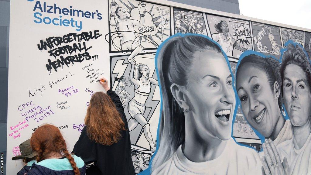 A mural at Brentford's stadium of key moments in England women's recent history