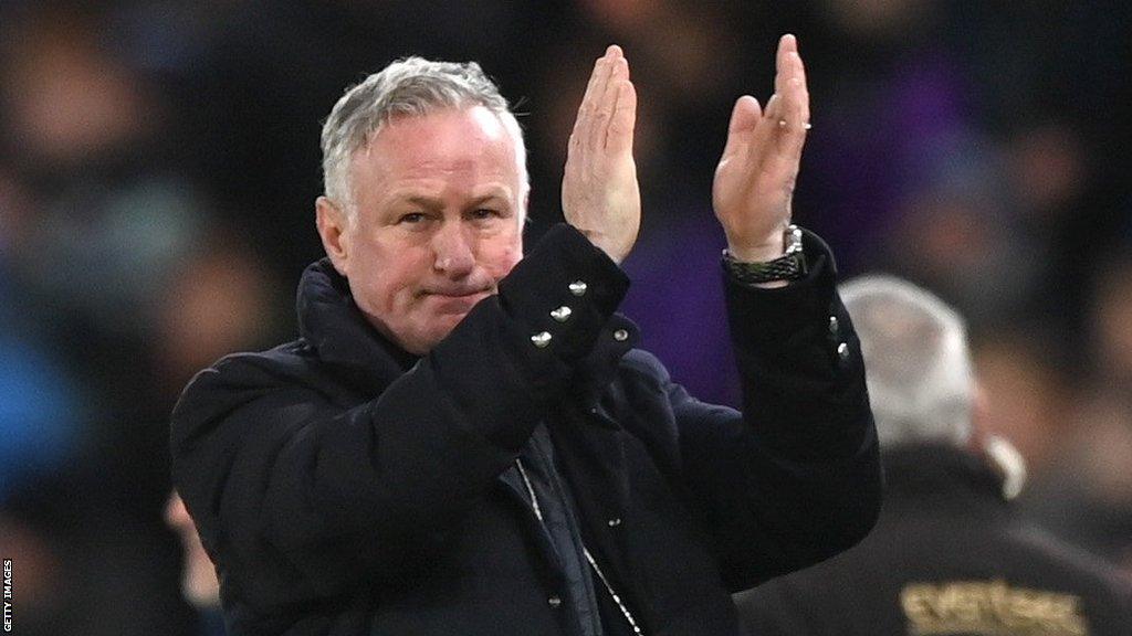 Michael O'Neill applauds the Northern Ireland fans after the Euro 2024 qualifier win over Denmark