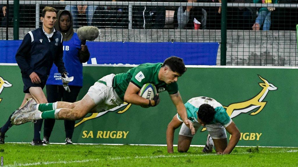 James Nicholson scores a try against South Africa