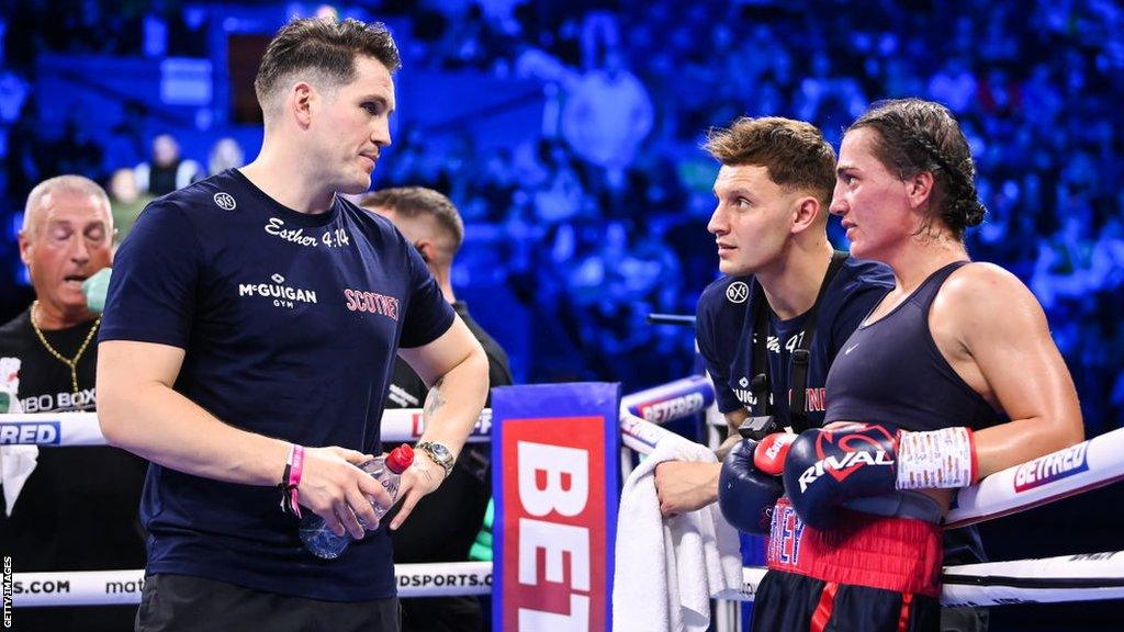 Shane McGuigan in the ring with his fighter Ellie Scotney