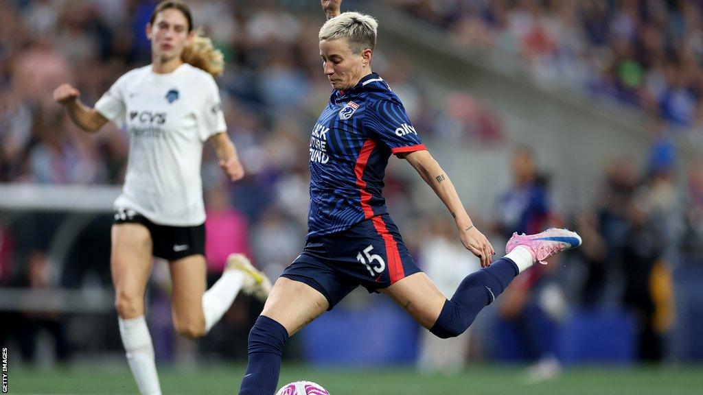 OL Reign's Megan Rapinoe shoots against the Washington Spirit