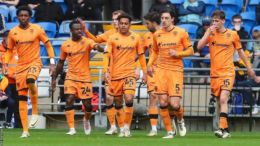 Fabio Carvalho (centre) celebrates scoring for Hull