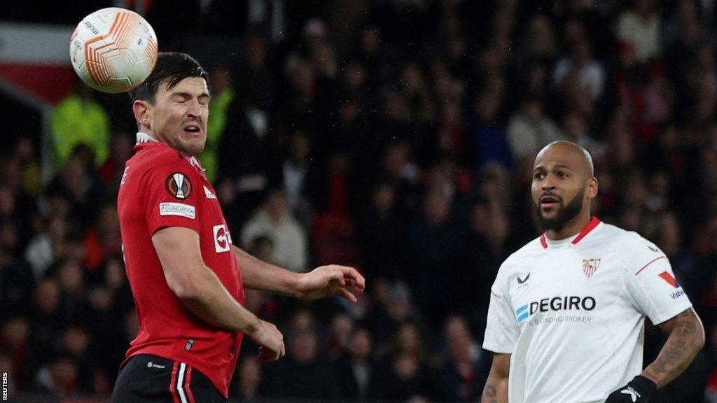 A header from Sevilla's Youssef En-Nesyri deflects off Manchester United's Harry Maguire and pulls them level in the Europa League