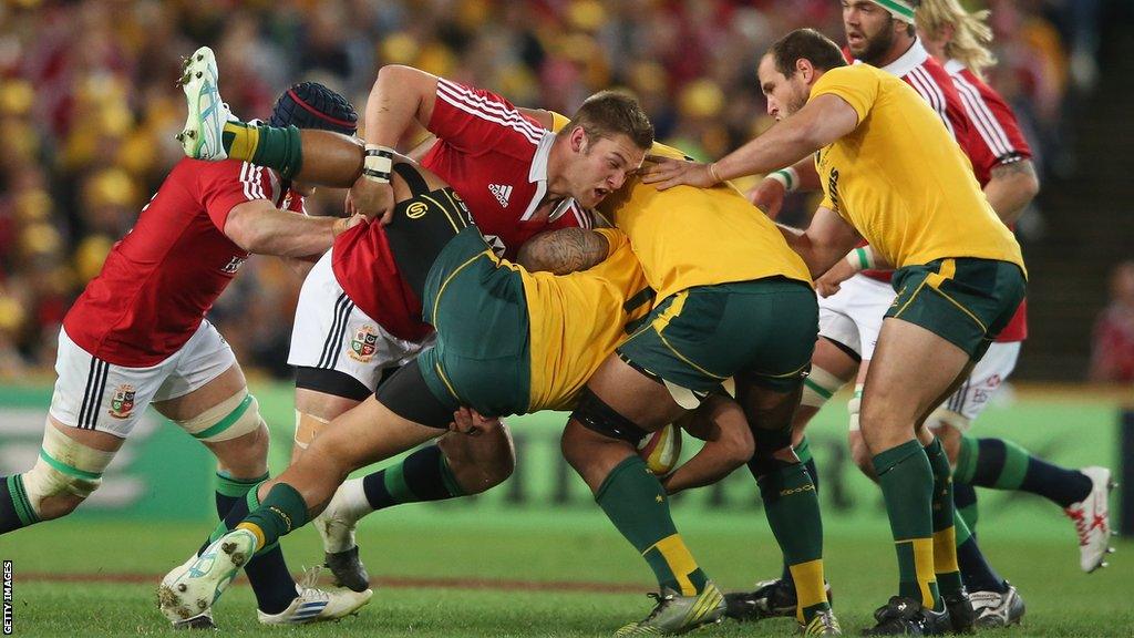 Dan Lydiate tackles Australia's Joe Tomane during the third Test between the Wallabies and 2013 British and Irish Lions in Sydney