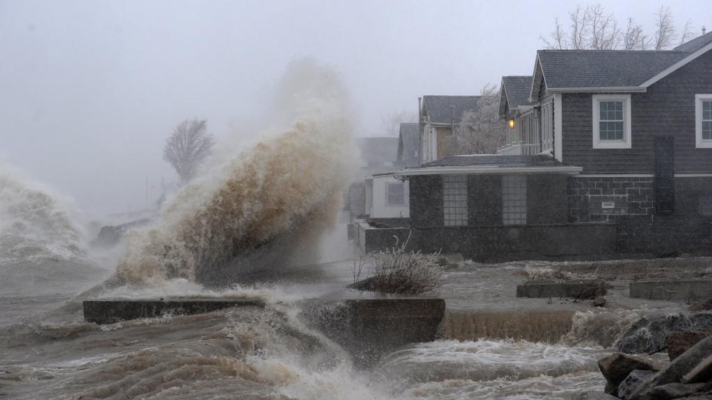 Lake Erie waters wash over the shoreline in Hamburg, New York