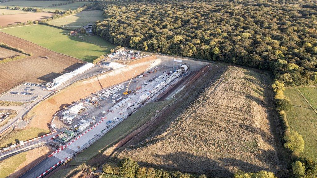 Aerial view showing the HS2 site at Long Itchington Wood towards Birmingham in Leamington Spa, England