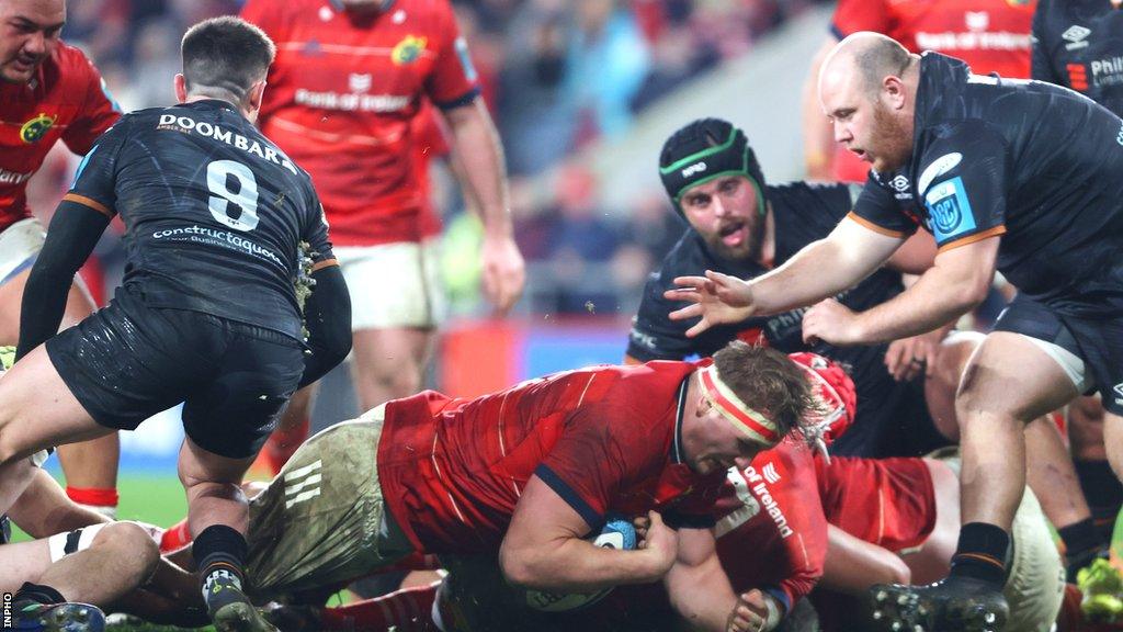 Back row Gavin Coombes touched down three times at Thomond Park