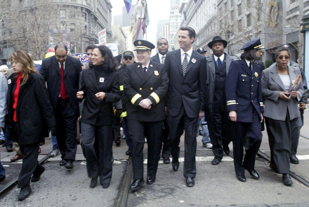 District attorney Kamala D. Harris (left), fire chief Joanne Hayes White (centre) and San Francisco Mayor Gavin Newsom attend the Martin Luther King, Jr. Freedom March in 2004.