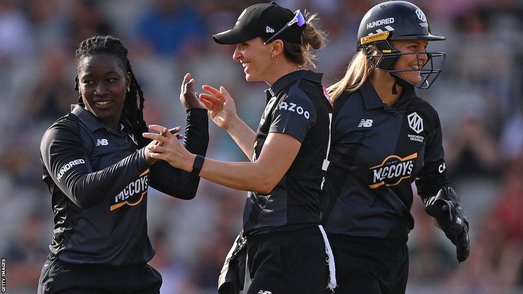 Manchester Originals women celebrate a wicket