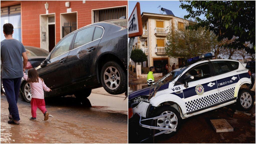 a collage picture of man and young girl next to a piled-up cars and a police car crashed into a tree.