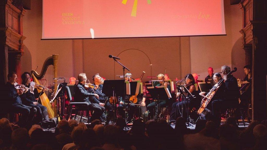 Orchestra on stage in front of the audience