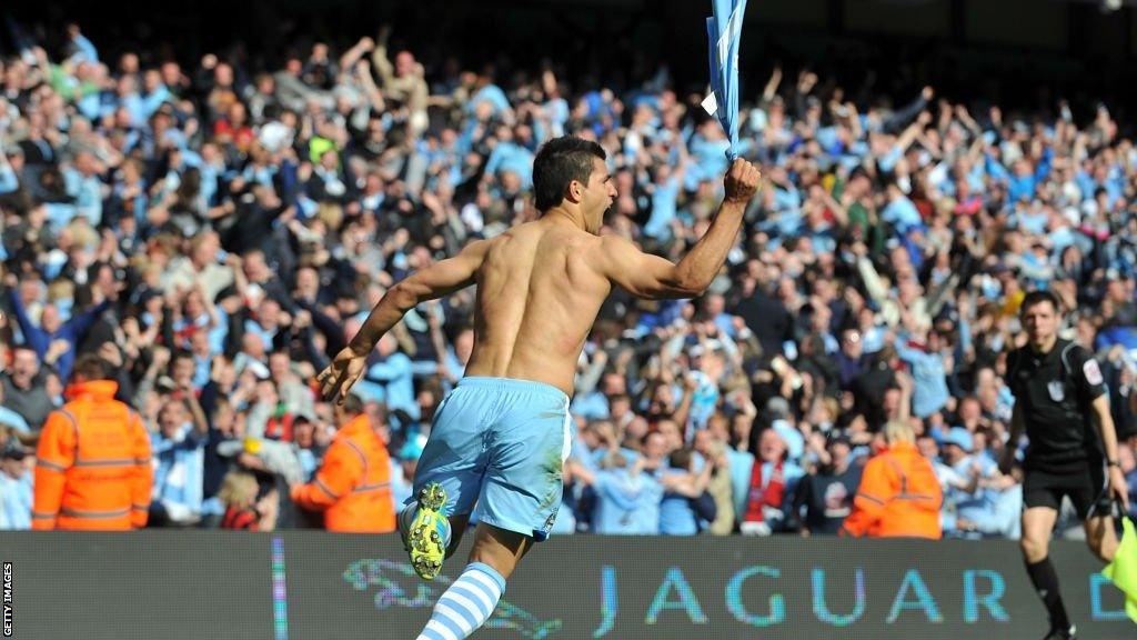 Sergio Aguero wins the Premier League title for Manchester City against Queens Park Rangers on the last day of the 2011-12 season