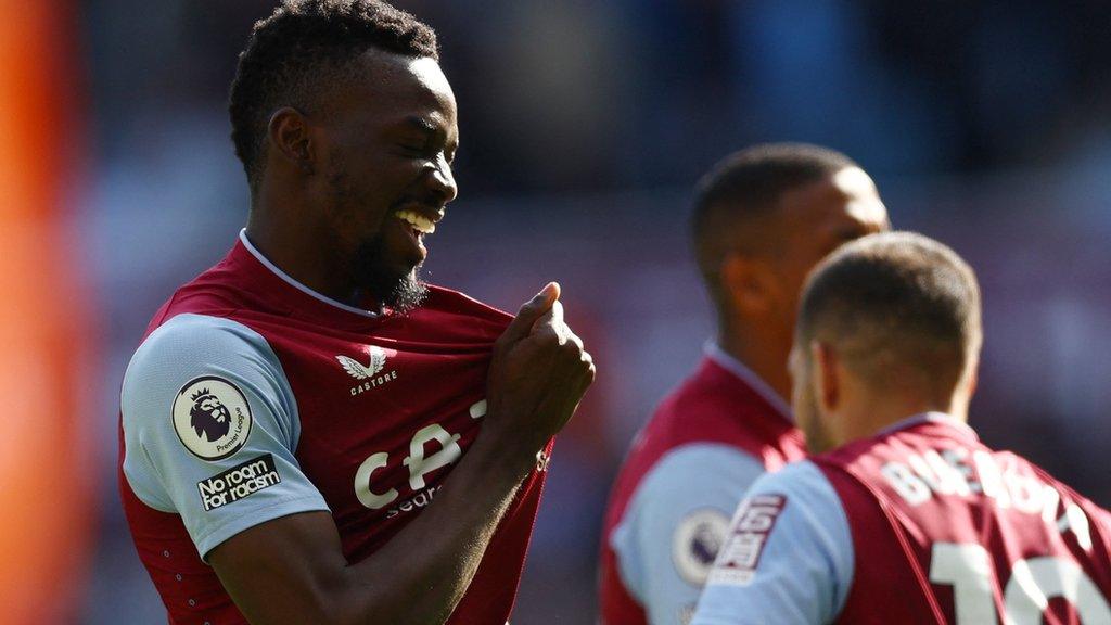 Aston Villa's Bertrand Traore and Emiliano Buendia celebrate after Villa score their only goal