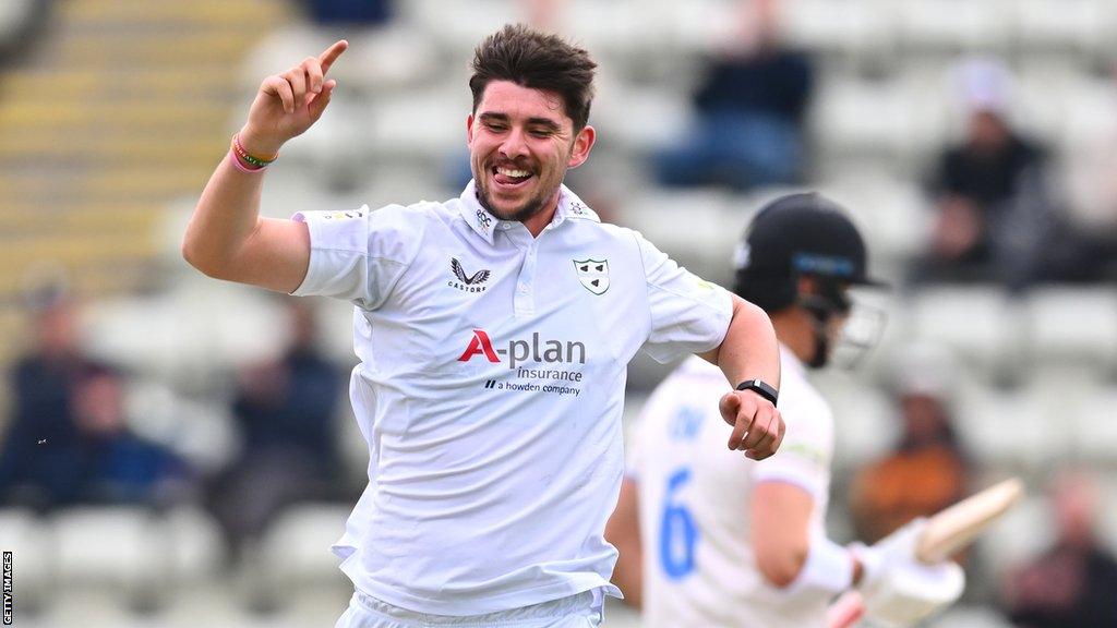 Worcestershire's Josh Tongue celebrates a wicket