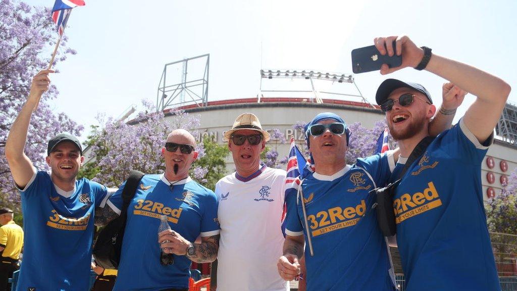 Rangers fans outside the Estadio Ramon Sanchez Pizjuan stadium