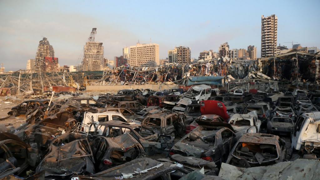 Destroyed vehicles after a blast at the port of Beirut, 4 August