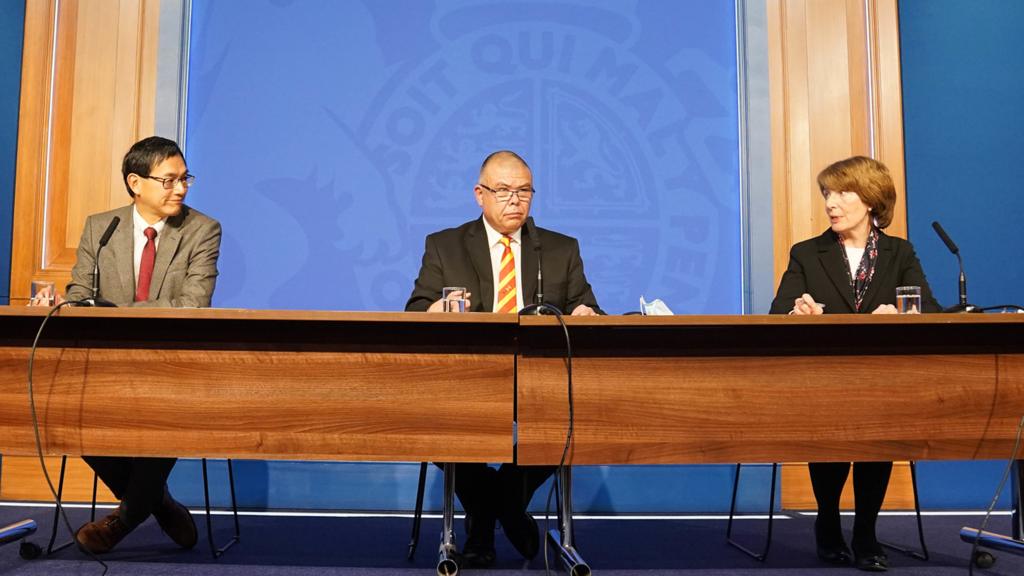 Professor Wei Shen Lim, Professor Jonathan Van Tam and Dr June Raine during a media briefing in Downing Street, London, on coronavirus on 29 November 2021