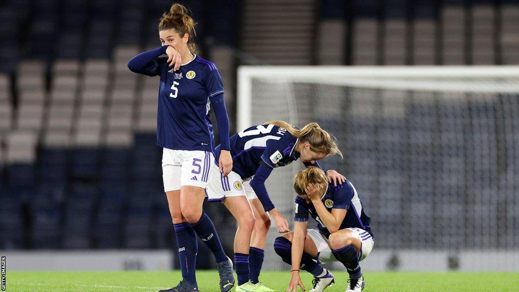 Jen Beattie (number five) after Scotland failed to qualify for the World Cup