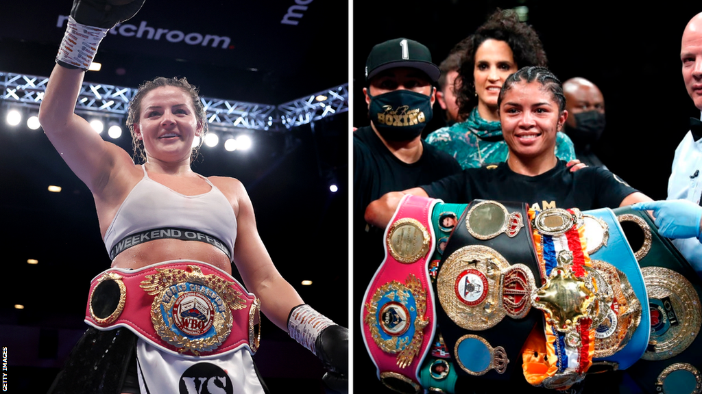 Sandy Ryan with her belt around her waist beside a picture of Jessica McCaskill with all her world titles in her arms