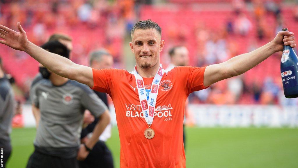 Jerry Yates celebrates after Blackpool's win over Lincoln City in the 2020-21 League One play-off final