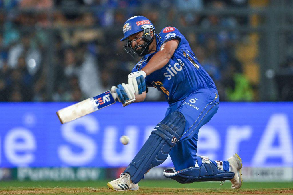 Mumbai Indians' Rohit Sharma plays a shot during the Indian Premier League (IPL) Twenty20 cricket match between Mumbai Indians and Kolkata Knight Riders at the Wankhede Stadium in Mumbai on May 3, 2024.