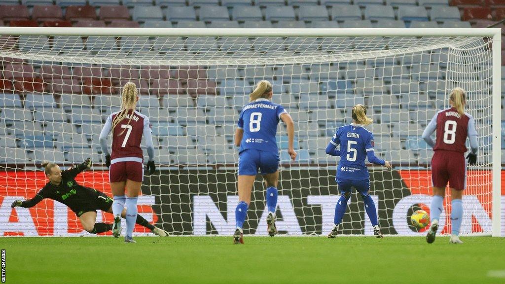 Nathalie Bjoern of Everton scores the team's second goal from the penalty spot during the Barclays Women´s Super League match between Aston Villa and Everton FC at Villa Park on November 26, 2023 in Birmingham, England.