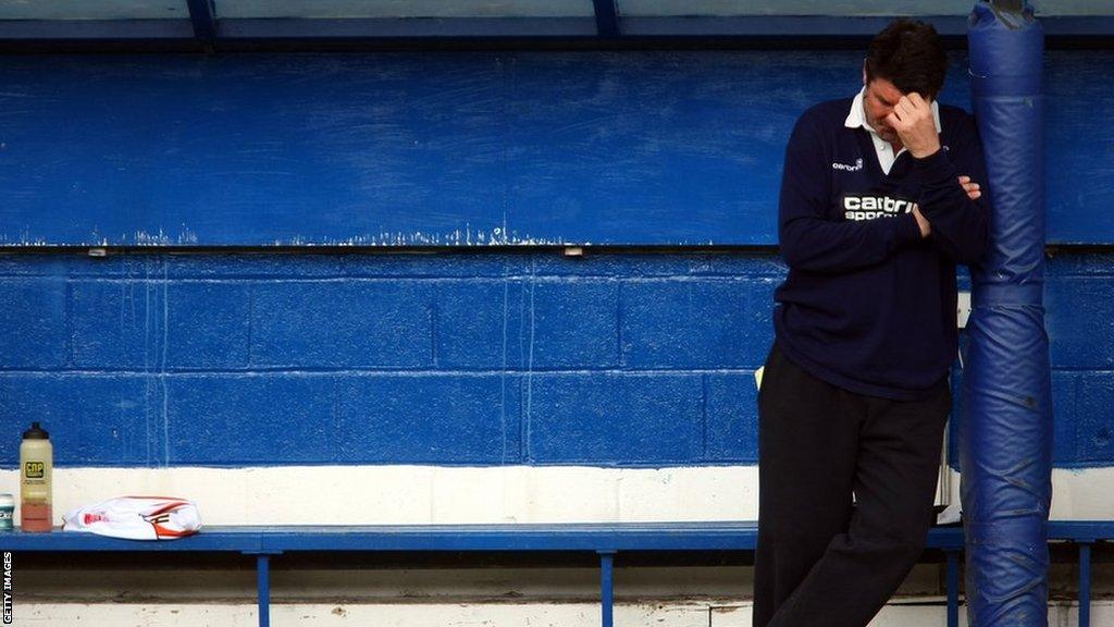 Mick Harford looks dejected as Luton are relegated from the Football League in 2009