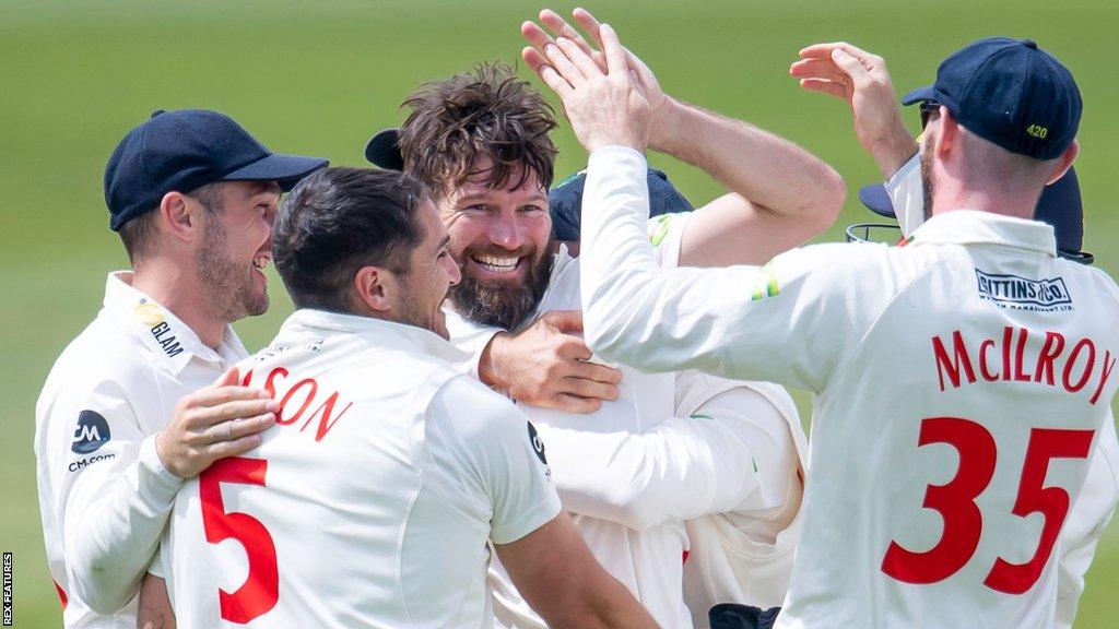 Glamorgan's Michael Neser (c) celebrates dismissing Yorkshire's Dom Bess to take a hat- trick