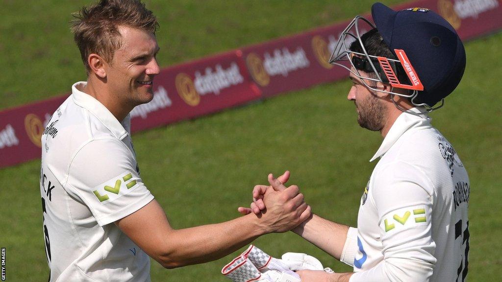 Durham captain Scott Borthwick congratulates Ollie Robinson following last week's win over Sussex