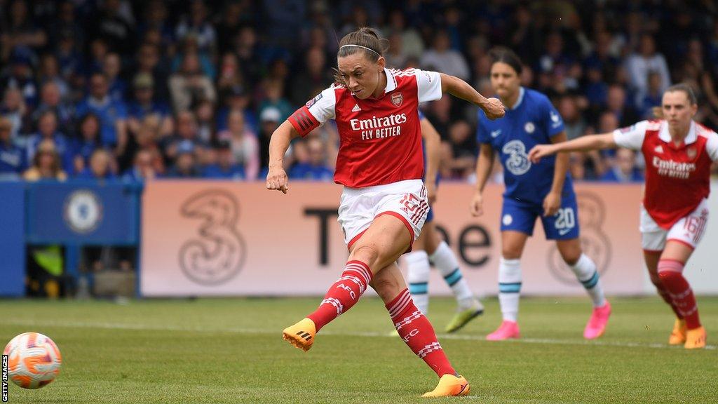 Katie McCabe misses a penalty for Arsenal against Chelsea in the WSL