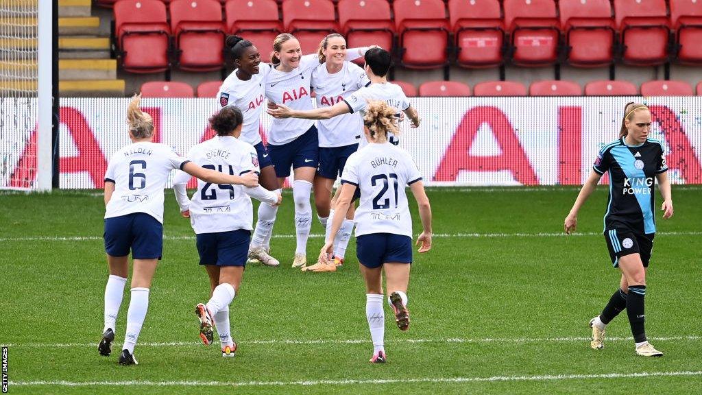 Tottenham celebrate after Matilda Vinberg scores against Leicester City