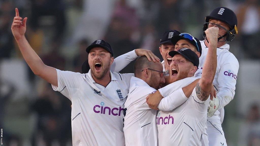 England celebrate final wicket in Rawalpindi