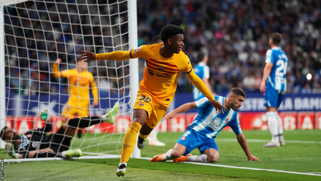 Alejandro Balde celebrates scoring for Barcelona against Espanyol in La Liga